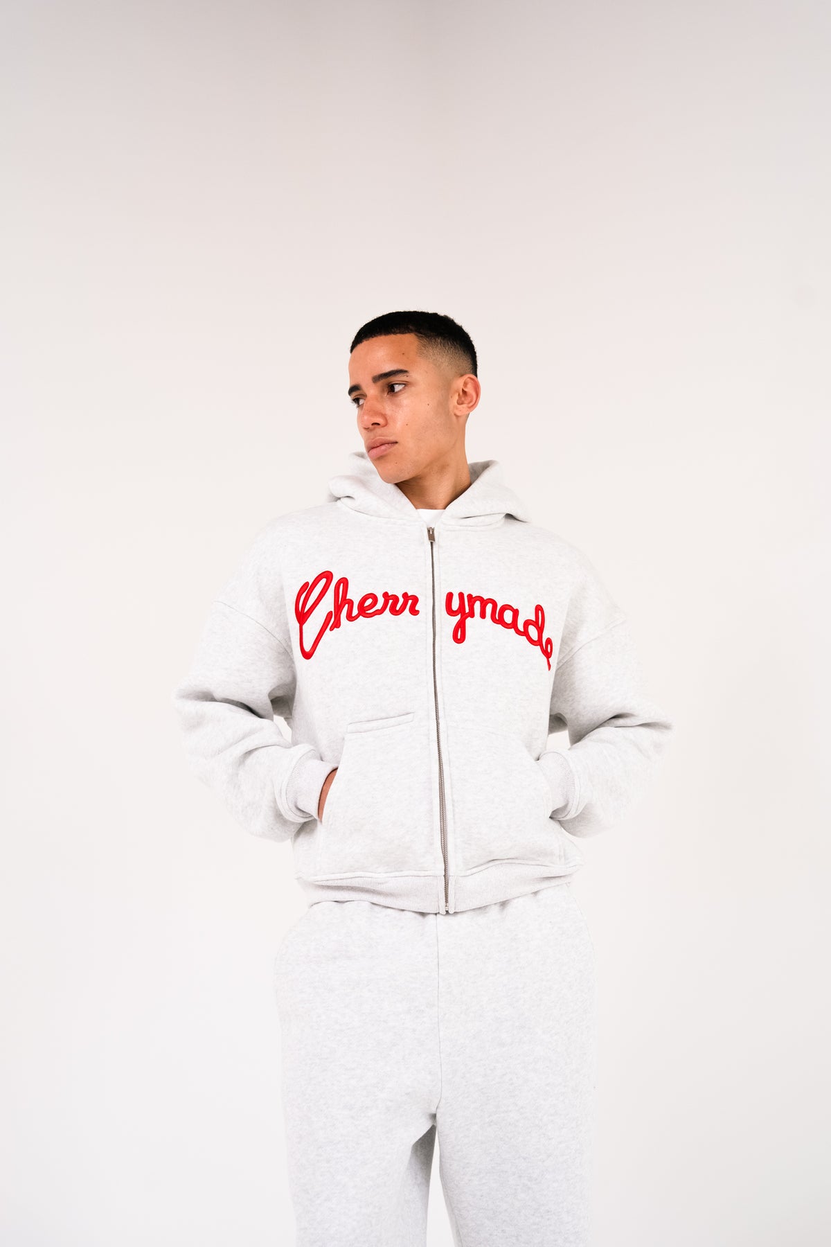 SCRIPT LOGO ZIP UP HOODIE - WASHED GREY