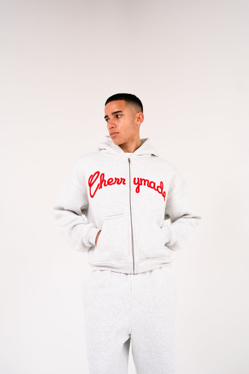 SCRIPT LOGO ZIP UP HOODIE - WASHED GREY